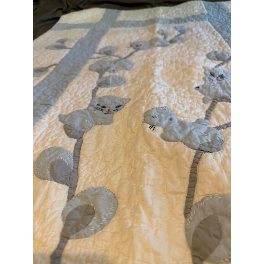 Vintage Handmade Baby Quilt Blue Applique Kitten Cat Nursery Blanket Cottagecore